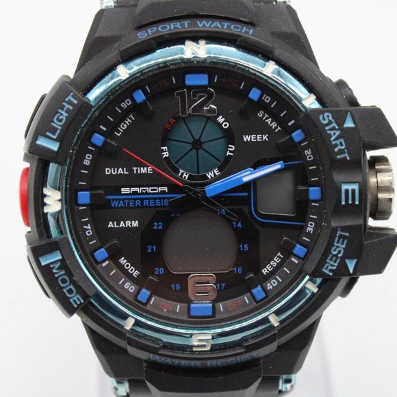 SAMOA Digital Watch Men Black & Blue Sports Outdoor Waterproof Black Rubber Band - Picture 3 of 8